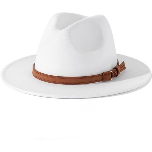 Men Women Vintage Wide Brim Fedora Hat with Belt Buckle White